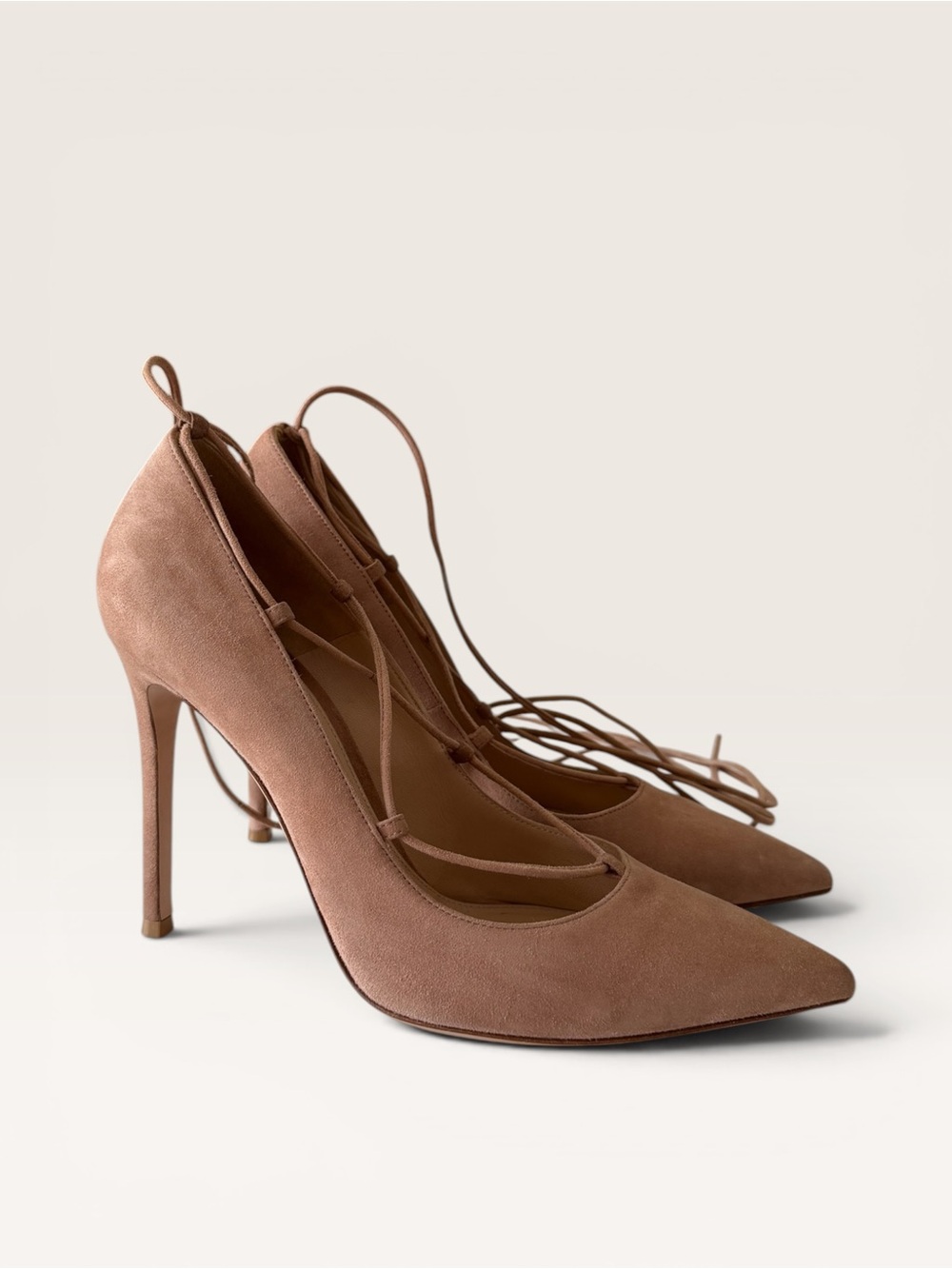 Gianvito Rossi Beige Suede Pointed Toe Lace Up Pumps - Picture 6 of 15